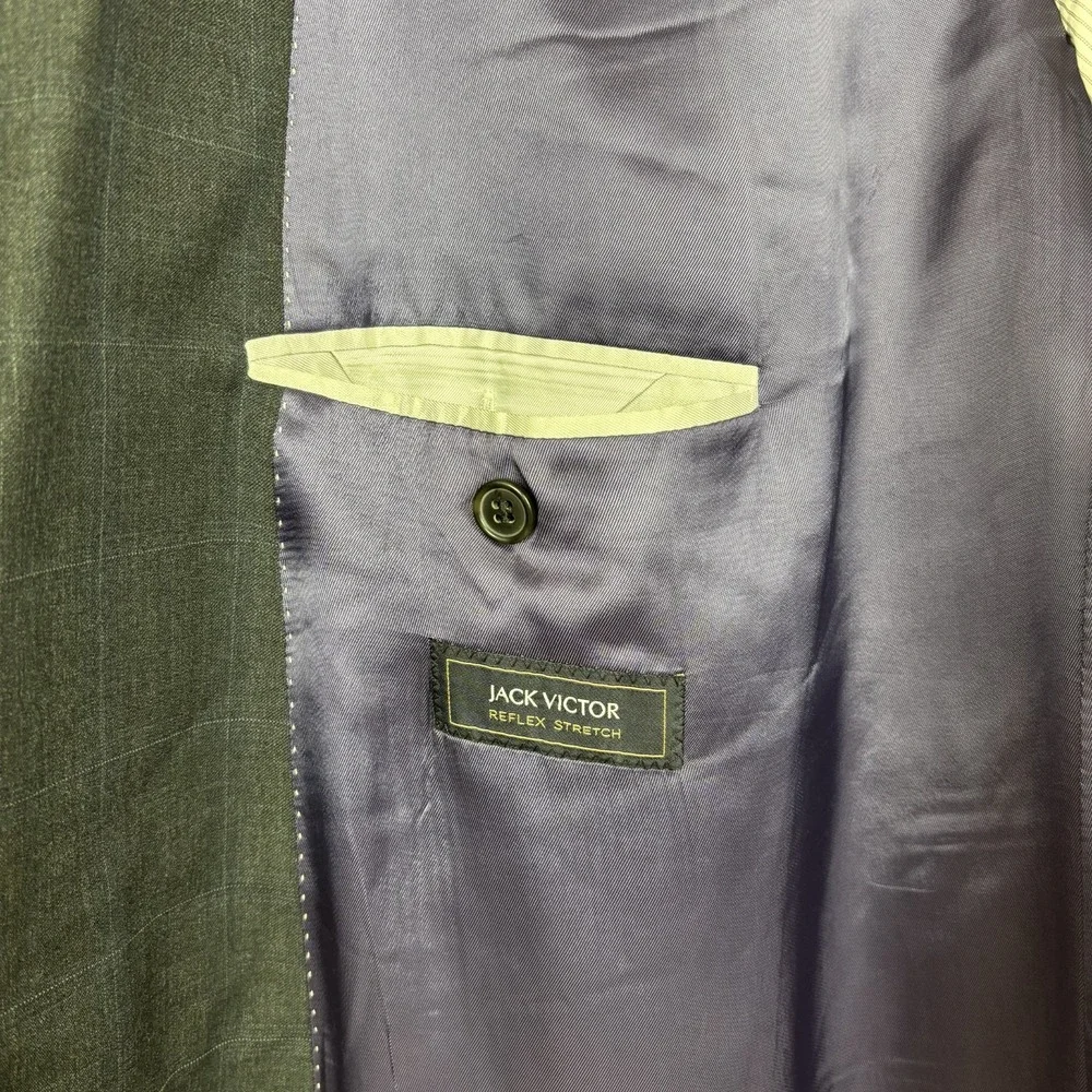 Jack Victor Suit Jacket Mens 56L Pants 52x31 Gray Windowpane Wool Reflex Stretch